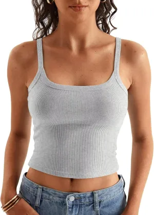 Women Spaghetti Strap Crop Tops Summer Ribbed Tank Tops Scoop Neck Camisole Sleeveless Slim Fit Cami 2024