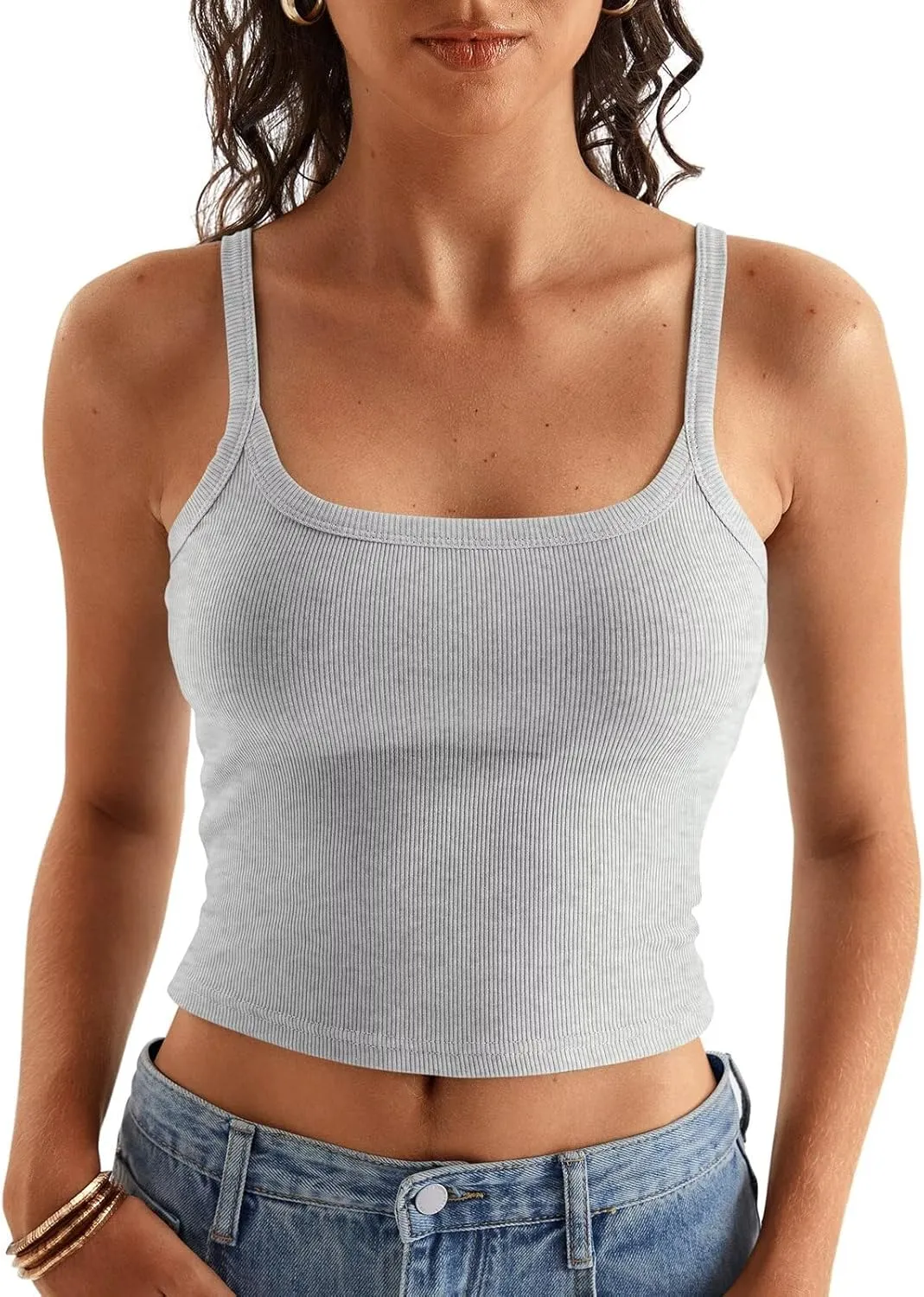 Women Spaghetti Strap Crop Tops Summer Ribbed Tank Tops Scoop Neck Camisole Sleeveless Slim Fit Cami 2024