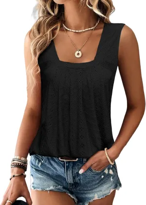 Women Square Neck Summer Sleeveless Tank Tops, Cute Babydoll Tops Fashion Eyelet Tunic Curved Hem Shirts Blouses