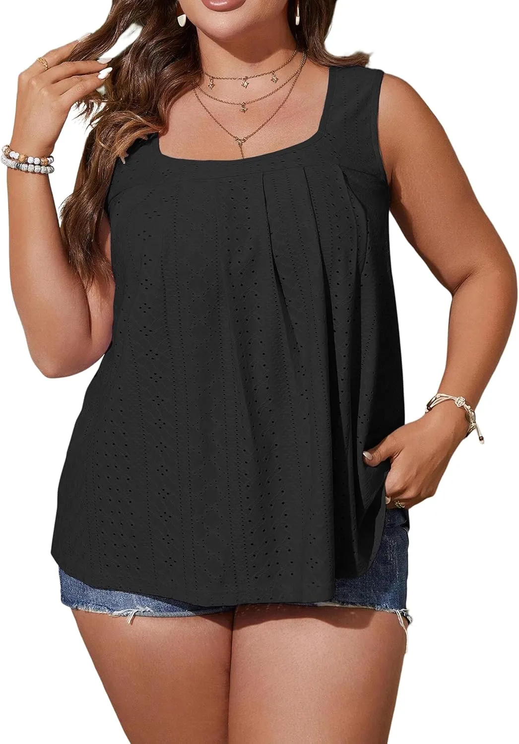 Women Square Neck Summer Sleeveless Tank Tops, Cute Babydoll Tops Fashion Eyelet Tunic Curved Hem Shirts Blouses