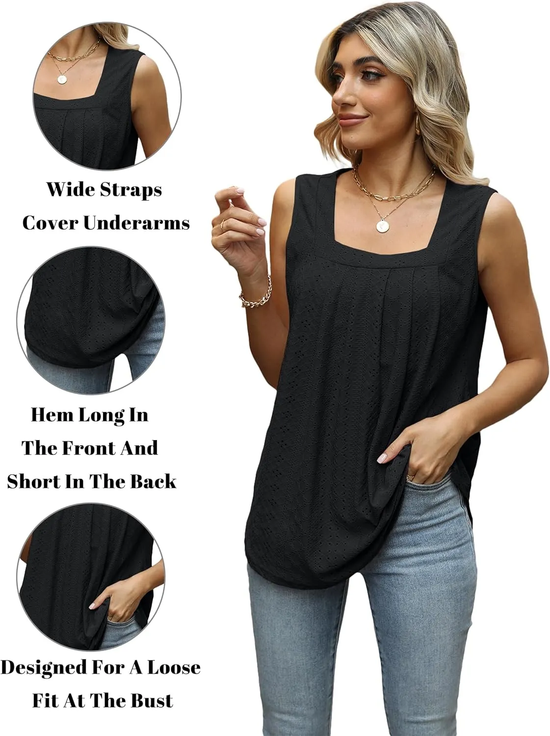 Women Square Neck Summer Sleeveless Tank Tops, Cute Babydoll Tops Fashion Eyelet Tunic Curved Hem Shirts Blouses