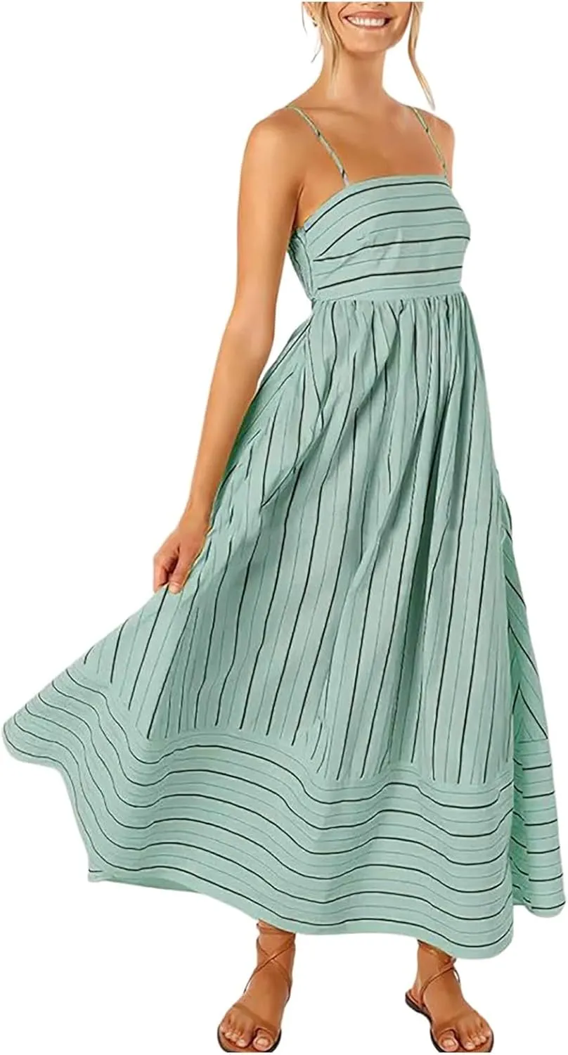 Women Stripe Sleeveless Camisole Dress Plus Size Backless Suspender Dress Summer Flowy Sundress Casual Party Dresses