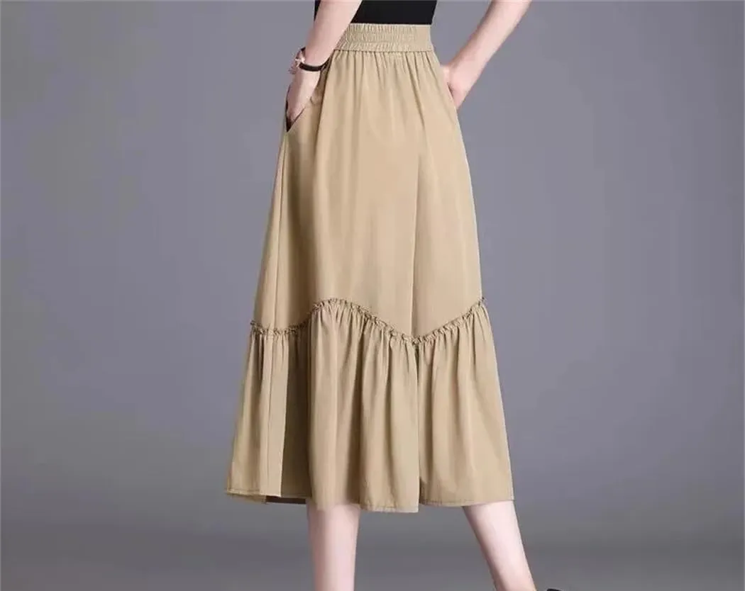Women Summer Chiffon Midi Skirt Ruffles Vintage High Waisted Loose Pleated Party Skirts