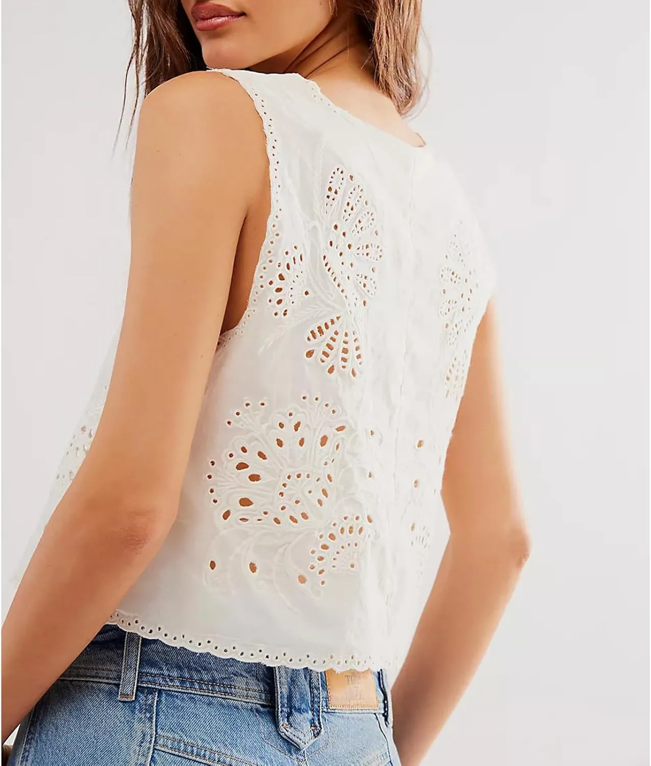 Women Tie Front Vest Floral Eyelet Embroidered Tank Y2K Sleeveless V Neck Crop Shirt Top Cute Going Out Tops