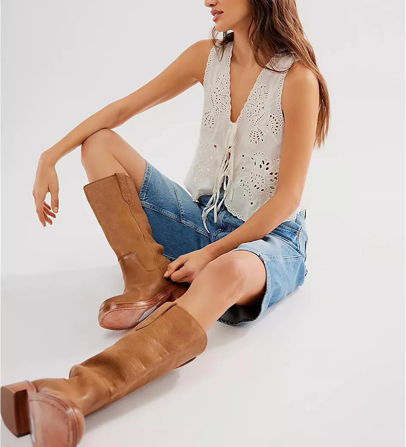 Women Tie Front Vest Floral Eyelet Embroidered Tank Y2K Sleeveless V Neck Crop Shirt Top Cute Going Out Tops