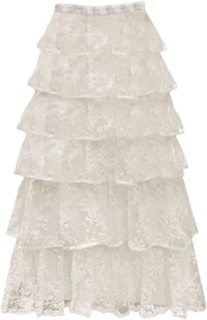 Women Vintage Ruffles Lace Midi Skirt Solid Elastic Waist A-Line Casual Skirts