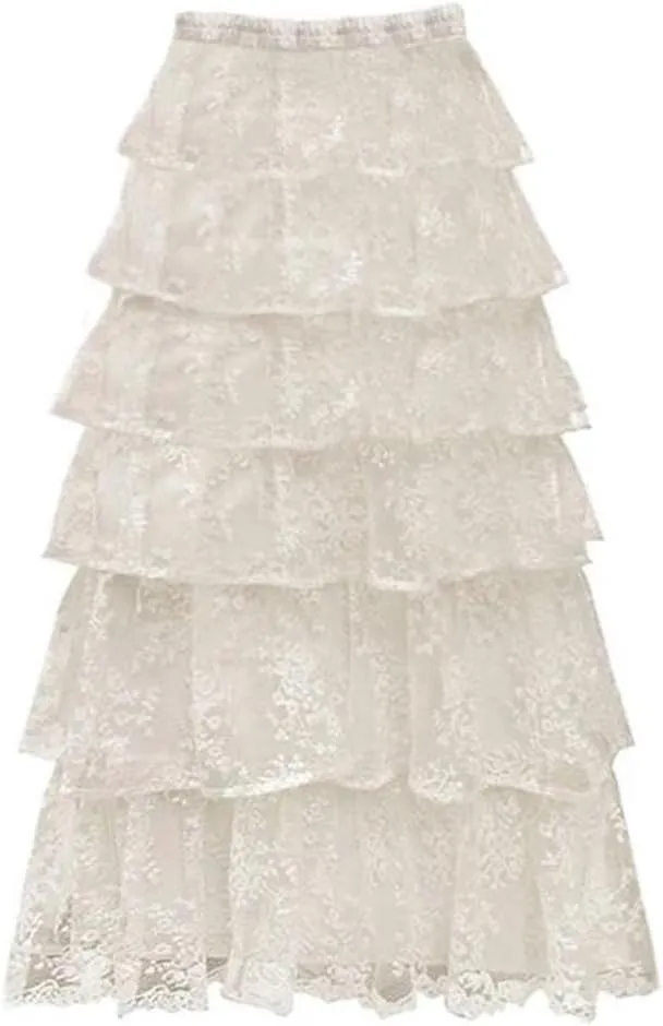 Women Vintage Ruffles Lace Midi Skirt Solid Elastic Waist A-Line Casual Skirts