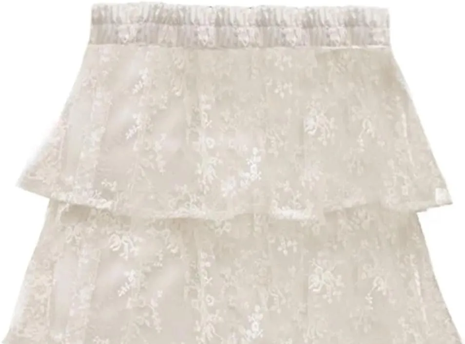 Women Vintage Ruffles Lace Midi Skirt Solid Elastic Waist A-Line Casual Skirts