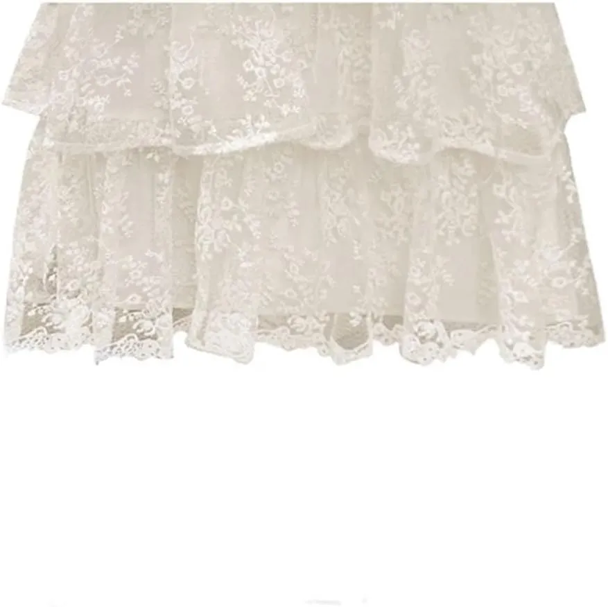 Women Vintage Ruffles Lace Midi Skirt Solid Elastic Waist A-Line Casual Skirts