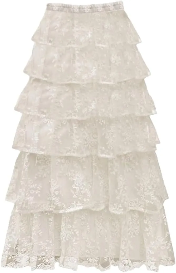 Women Vintage Ruffles Lace Midi Skirt Solid Elastic Waist A-Line Casual Skirts
