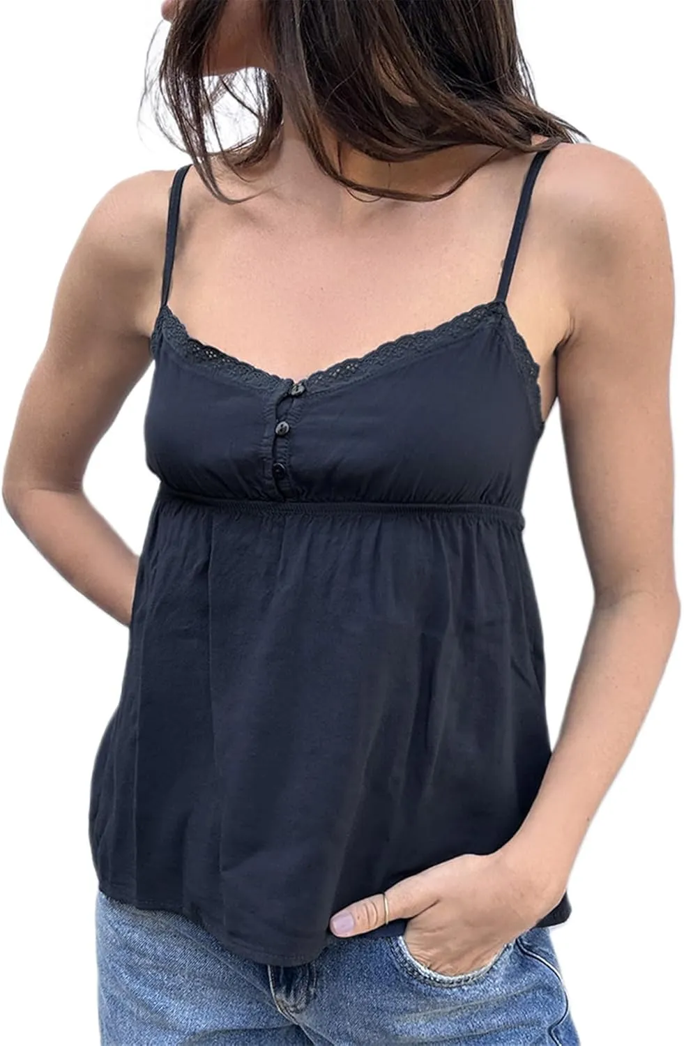 Women Y2k Babydoll Cami Top Sexy Lace Ruffle V Neck Spaghetti Strap Peplum Tank Tops Coquette Going Out Streetwear