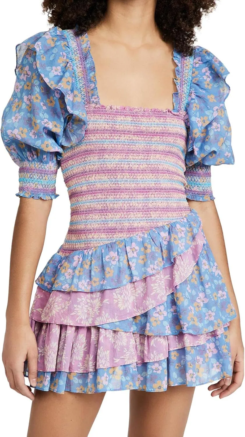 Women Y2K Floral Patchwork Mini Dress Puff Short Sleeve Tiered Ruffle Dress Bohemia Tie Up Backless Sundress