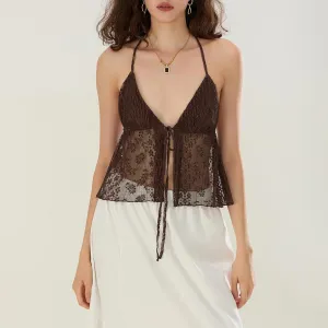 Women Y2k Lace Halter Tops Sexy Tie Front V-Neck Going Out Tank Crop Cute Trendy Backless Flowy Cami Shirt
