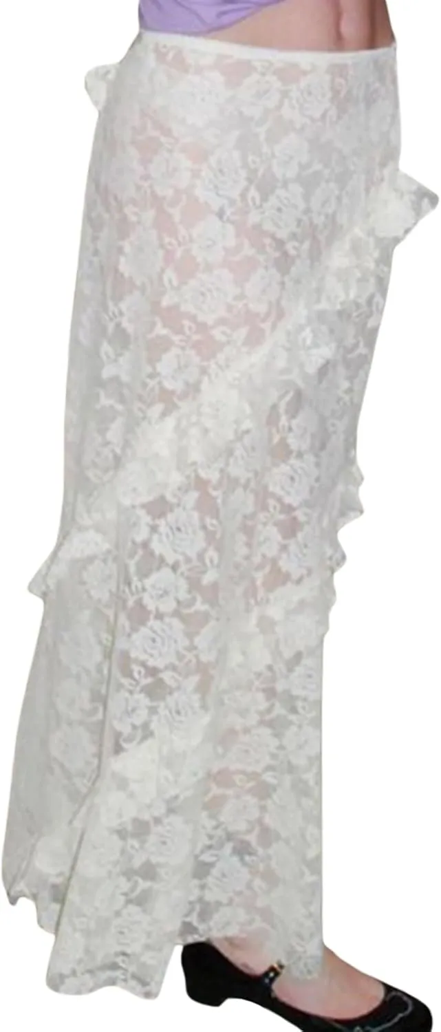 Women Y2k Lace Maxi Skirt High Waist See Through Ruffle Slip Long Skirts Layered Flowy Summer Beach Skirts