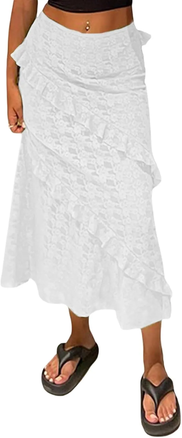 Women Y2k Lace Maxi Skirt High Waist See Through Ruffle Slip Long Skirts Layered Flowy Summer Beach Skirts
