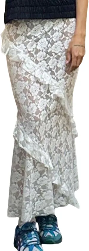 Women Y2k Lace Maxi Skirt High Waist See Through Ruffle Slip Long Skirts Layered Flowy Summer Beach Skirts