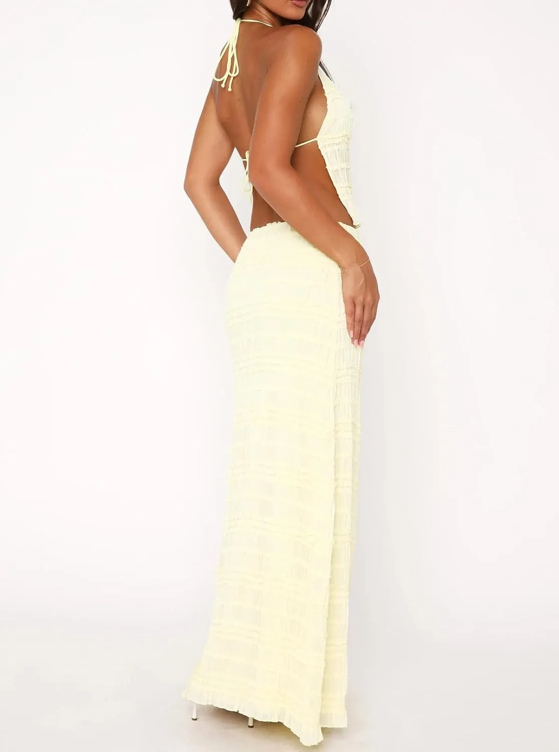 Women Y2k Maxi Skirt Set Backless Lace Halter Crop Top and Long Skirt Sets Tie Up Beach Sheer Dress 2 Piece Outfit