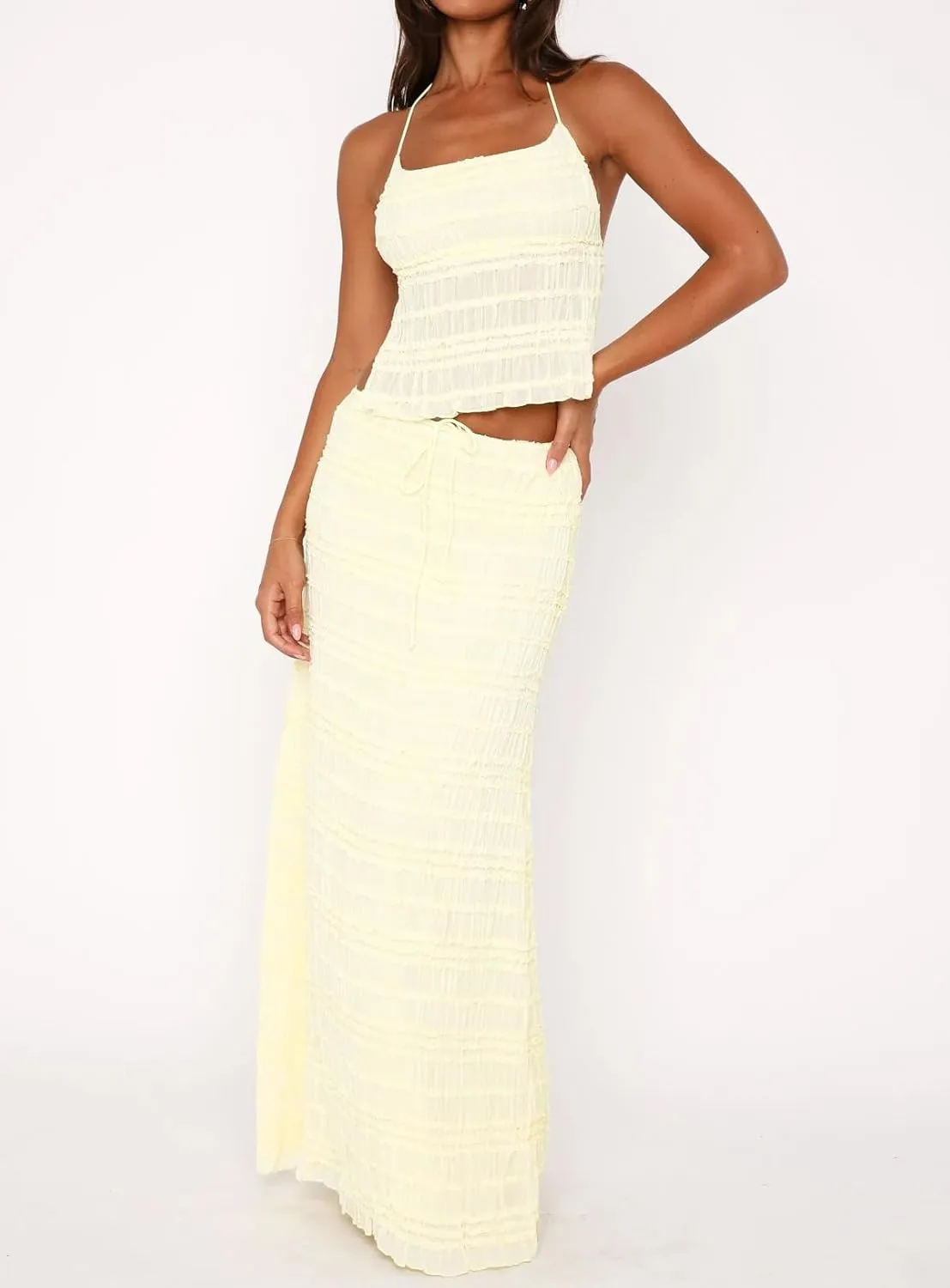 Women Y2k Maxi Skirt Set Backless Lace Halter Crop Top and Long Skirt Sets Tie Up Beach Sheer Dress 2 Piece Outfit
