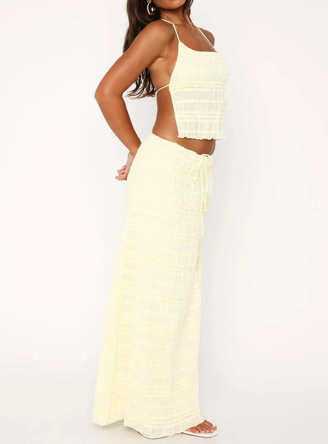 Women Y2k Maxi Skirt Set Backless Lace Halter Crop Top and Long Skirt Sets Tie Up Beach Sheer Dress 2 Piece Outfit