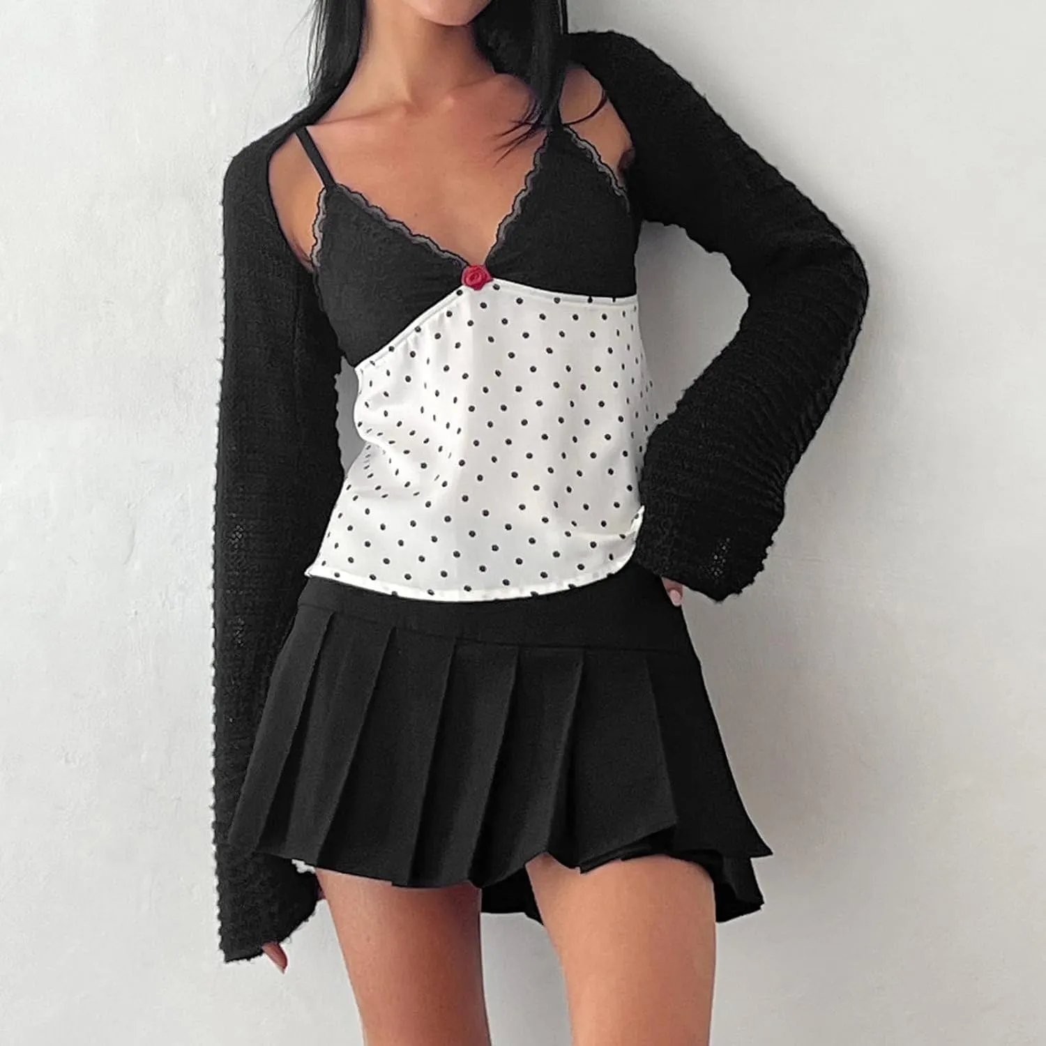 Women Y2K Polka Dot Tank Tops Lace Trim Sleeveless V Neck Crop Top Sexy Backless Spaghetti Strap Camisole Going Out Cami
