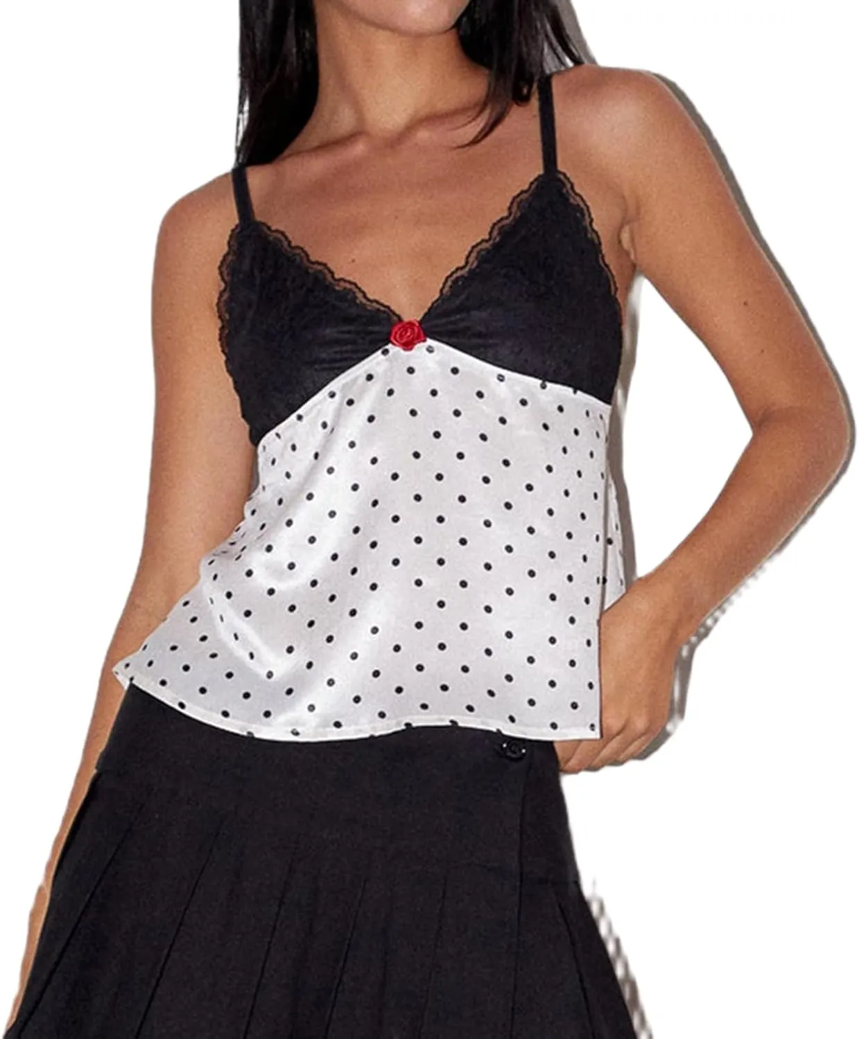 Women Y2K Polka Dot Tank Tops Lace Trim Sleeveless V Neck Crop Top Sexy Backless Spaghetti Strap Camisole Going Out Cami