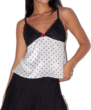 Women Y2K Polka Dot Tank Tops Lace Trim Sleeveless V Neck Crop Top Sexy Backless Spaghetti Strap Camisole Going Out Cami