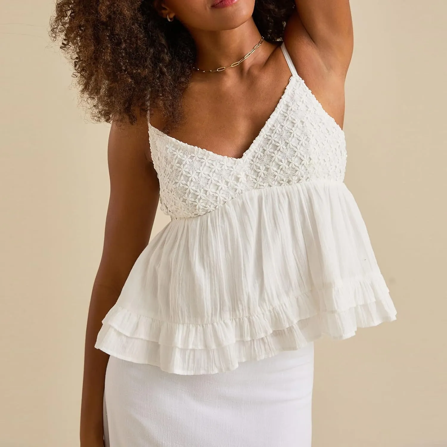 Women Y2k Ruffle Hem Crop Tank Tops Sleeveless Spaghetti Strap Flowy Camisoles Sexy V Neck Babydoll Tops
