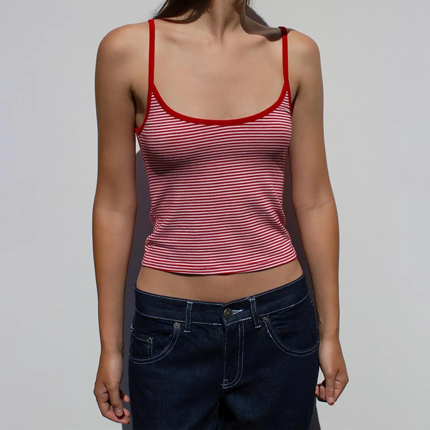 Women Y2K Stripe Print Camisole Preppy Spaghetti Strap Scoop Neck Tank Tops Aesthetic Sleeveless Crop Tops