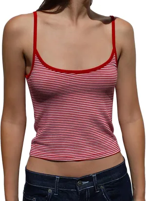 Women Y2K Stripe Print Camisole Preppy Spaghetti Strap Scoop Neck Tank Tops Aesthetic Sleeveless Crop Tops