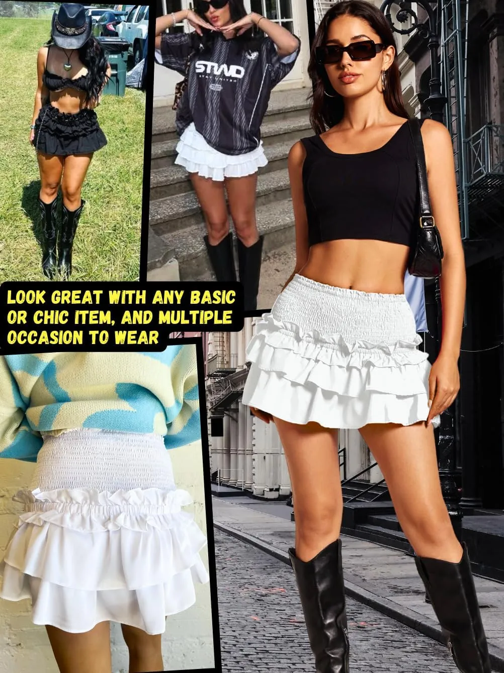 Women's 2000s Fashion Ruffle Short Skirt, Layered Tiered Pleated Flowy Cute Mini Skort, Sexy Vacation Outfits Rave