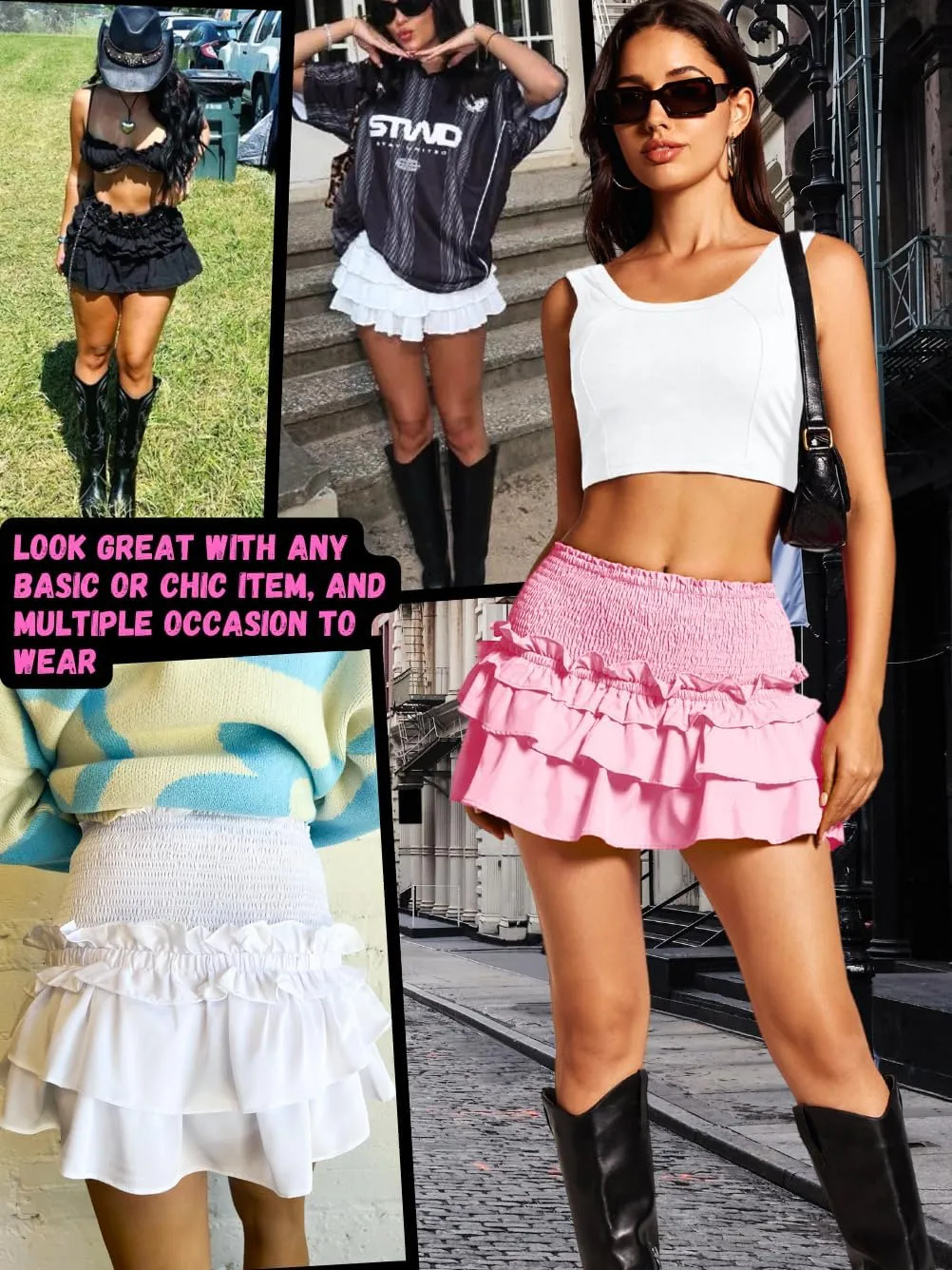 Women's 2000s Fashion Ruffle Short Skirt, Layered Tiered Pleated Flowy Cute Mini Skort, Sexy Vacation Outfits Rave