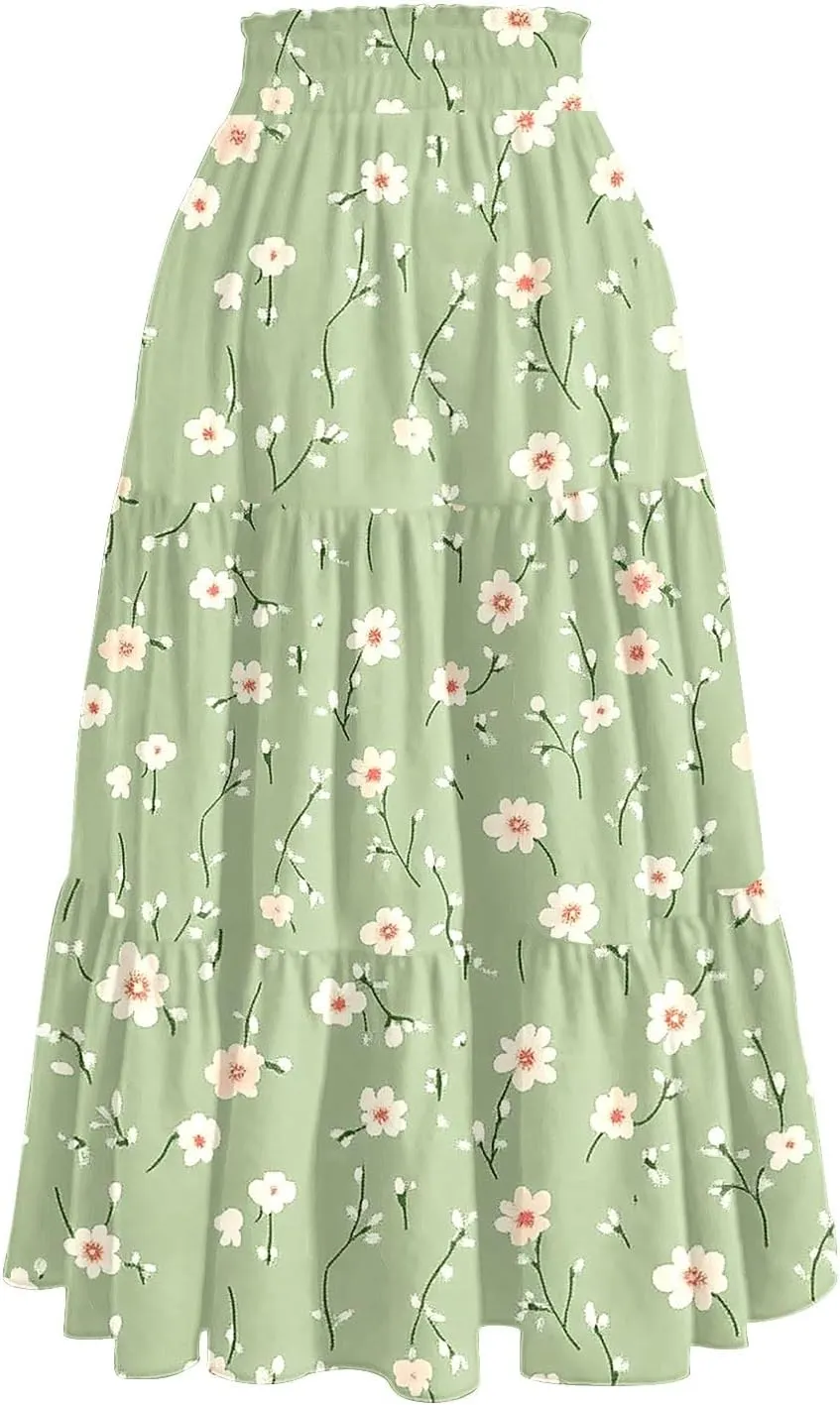 Women's 2025 Spring Summer High Waist Boho Floral Casual Flowy A Line Beach Long Skirts, S-2XL