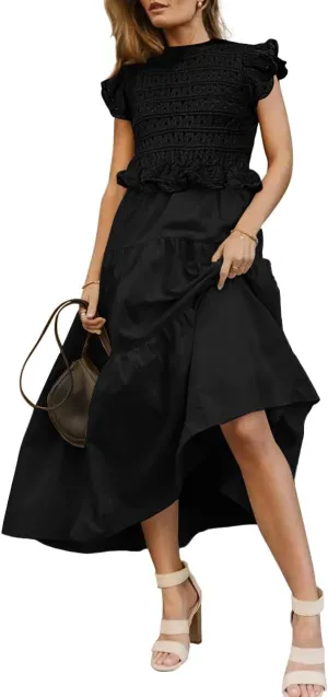 Womens 2025 Summer Causal Ruffle Sleeve Crochet Knit Tops Long Dress for Ladies Fall Trendy Tiered Dress