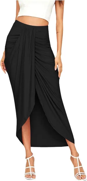 Womens A Line Midi Skirt Wrap Women's Draped Skirt High Waist Slit Solid Elastic Asymmetrical Skirts for Women