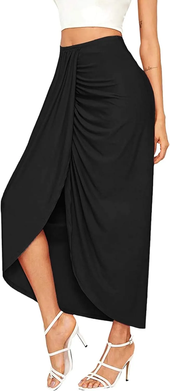 Womens A Line Midi Skirt Wrap Women's Draped Skirt High Waist Slit Solid Elastic Asymmetrical Skirts for Women