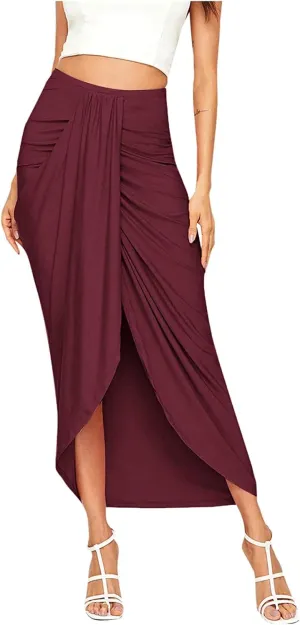 Womens A Line Midi Skirt Wrap Women's Draped Skirt High Waist Slit Solid Elastic Asymmetrical Skirts for Women
