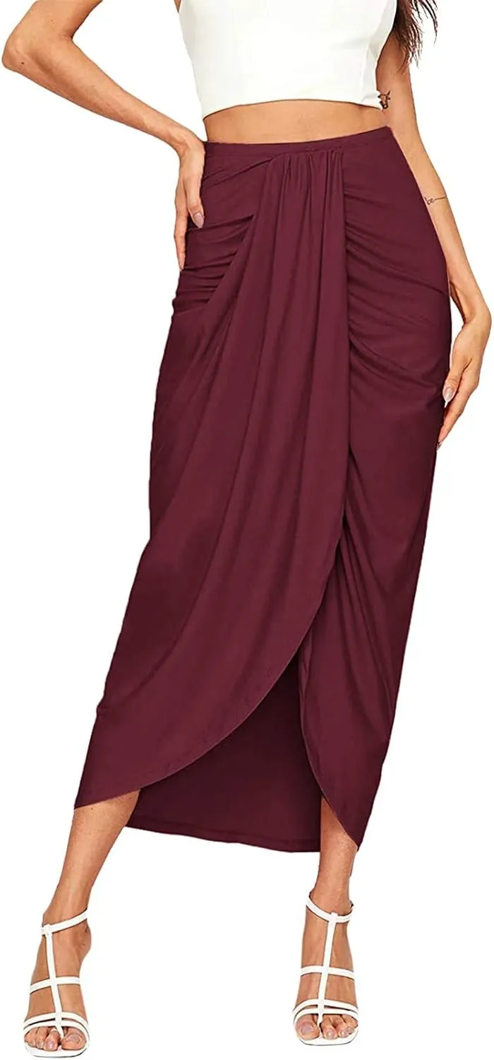Womens A Line Midi Skirt Wrap Women's Draped Skirt High Waist Slit Solid Elastic Asymmetrical Skirts for Women