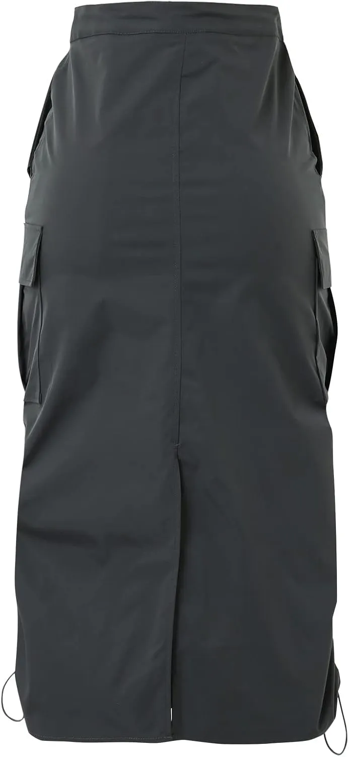 Women's Basic Pencil Skirts Women's Loose Casual Quick Drying Pleated Drawcord Work Suit Split Skirt Midi Skirt
