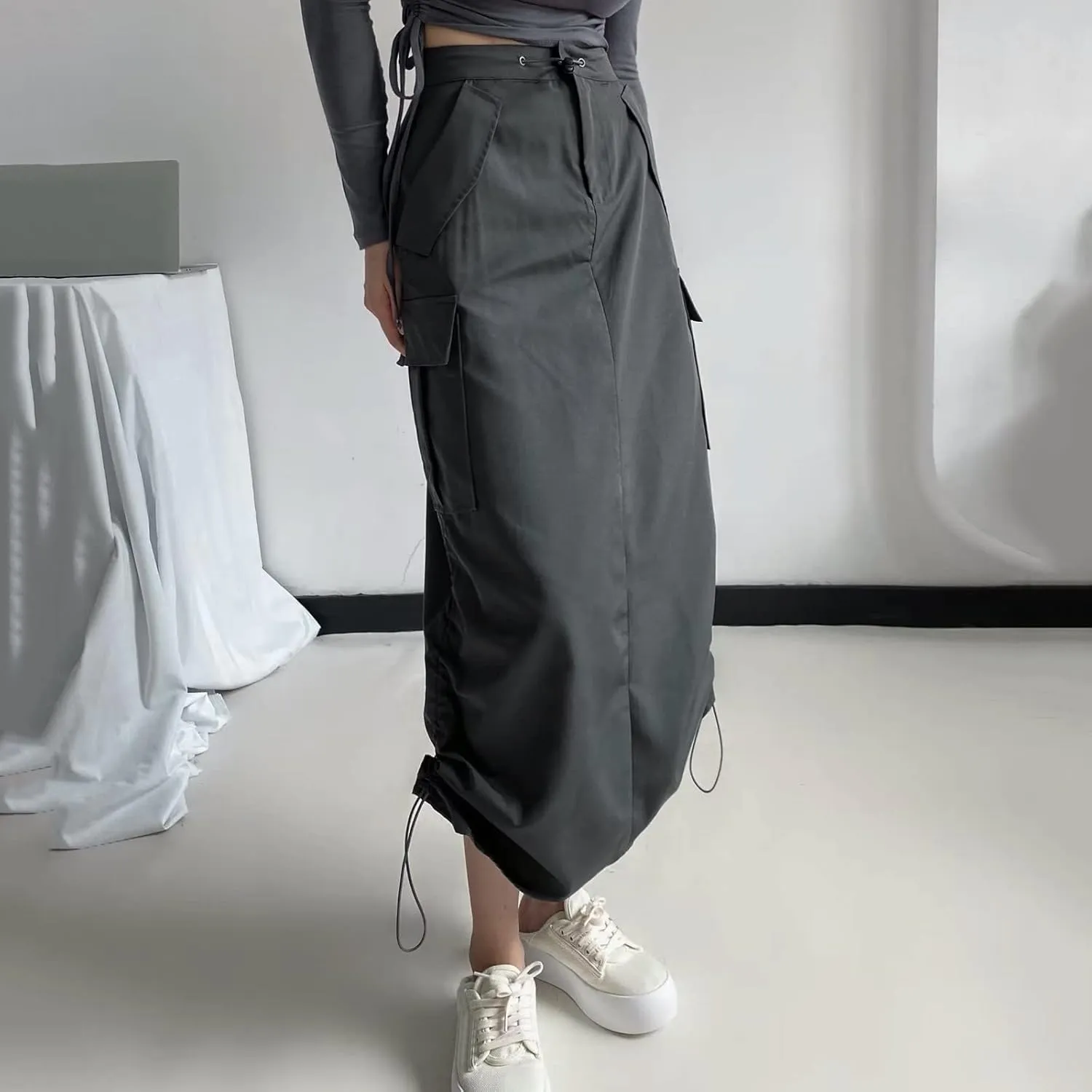 Women's Basic Pencil Skirts Women's Loose Casual Quick Drying Pleated Drawcord Work Suit Split Skirt Midi Skirt