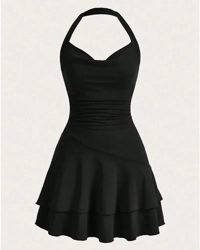 Women's Basics Halter Neck Ruffle Pleated A Line Mini Dresses