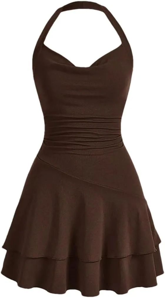 Women's Basics Halter Neck Ruffle Pleated A Line Mini Dresses