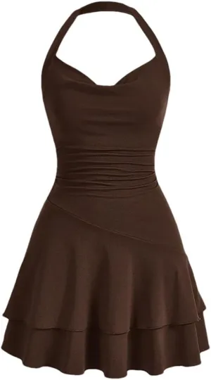 Women's Basics Halter Neck Ruffle Pleated A Line Mini Dresses