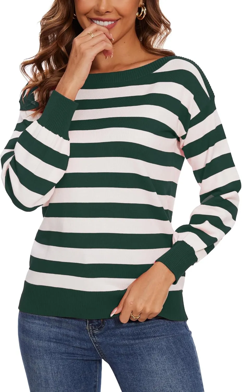 Women's Boat Neck Long Sleeve Sweaters Casual Lightweight Knit Pullover Tops Fall Winter Trendy