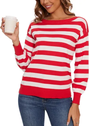 Women's Boat Neck Long Sleeve Sweaters Casual Lightweight Knit Pullover Tops Fall Winter Trendy