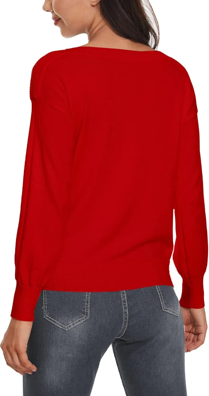 Women's Boat Neck Long Sleeve Sweaters Casual Lightweight Knit Pullover Tops Fall Winter Trendy