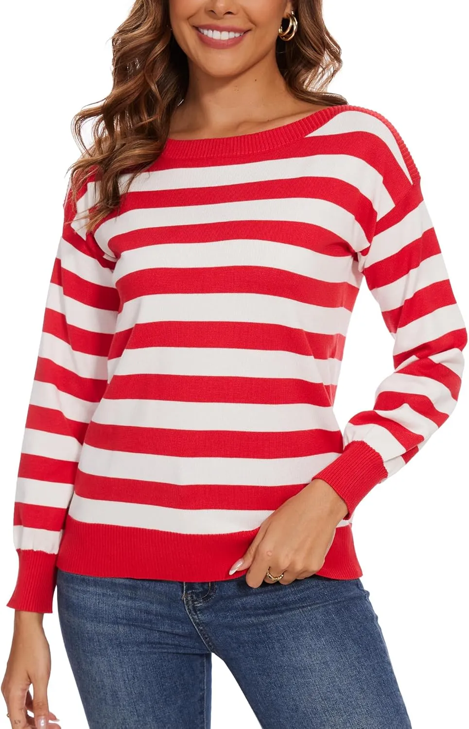 Women's Boat Neck Long Sleeve Sweaters Casual Lightweight Knit Pullover Tops Fall Winter Trendy
