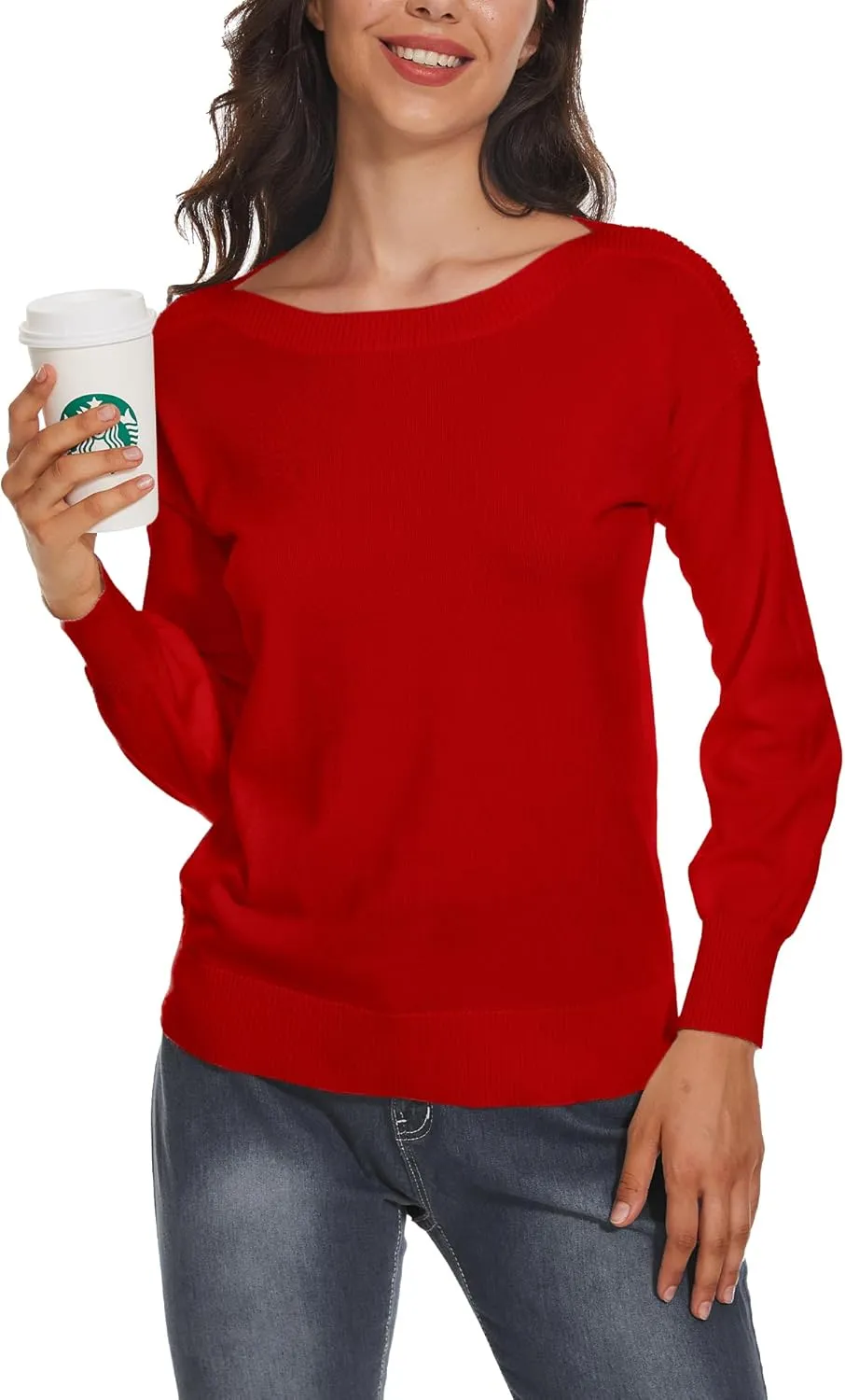 Women's Boat Neck Long Sleeve Sweaters Casual Lightweight Knit Pullover Tops Fall Winter Trendy