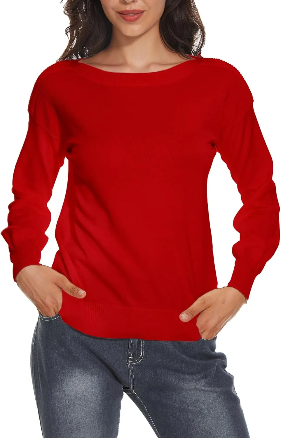 Women's Boat Neck Long Sleeve Sweaters Casual Lightweight Knit Pullover Tops Fall Winter Trendy
