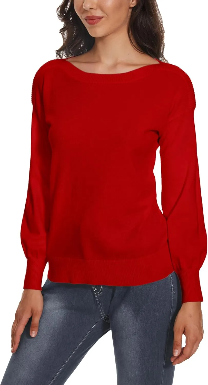 Women's Boat Neck Long Sleeve Sweaters Casual Lightweight Knit Pullover Tops Fall Winter Trendy
