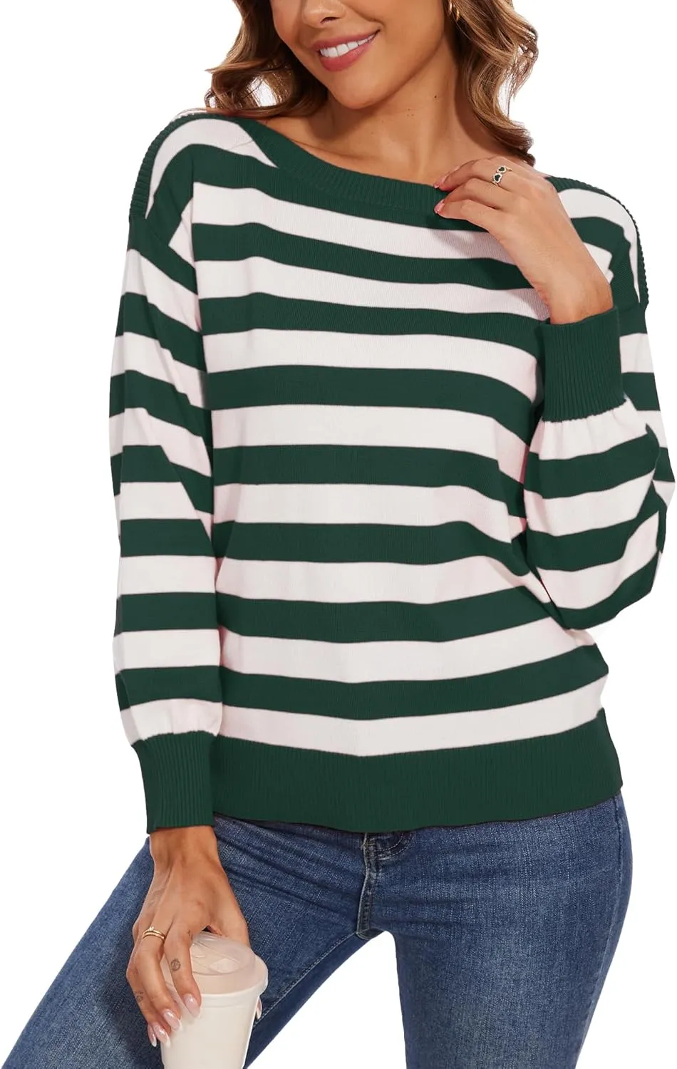 Women's Boat Neck Long Sleeve Sweaters Casual Lightweight Knit Pullover Tops Fall Winter Trendy